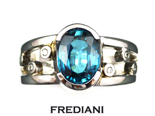 Bague or blanc Zircon bleu et Diamants