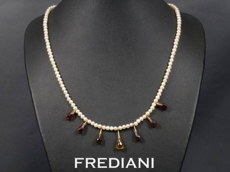 Collier en Perles de Chine, pampille briolette en citrine et grenats naturels
