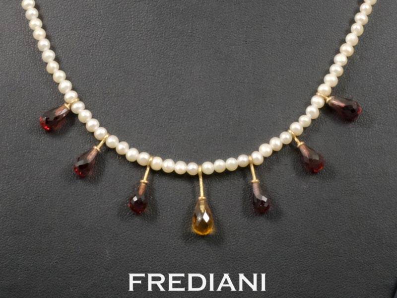 Collier en Perles de Chine, pampille briolette en citrine et grenats naturels