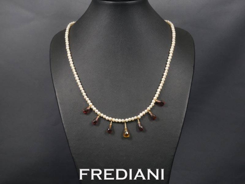 Collier en Perles de Chine, pampille briolette en citrine et grenats naturels