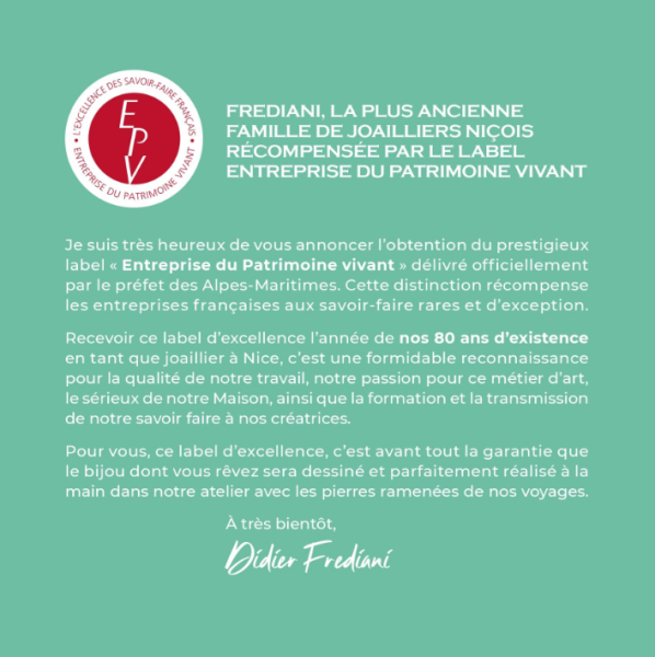 80 ans de passion joaillière : Frediani distingué par le label Entreprise du Patrimoine Vivant