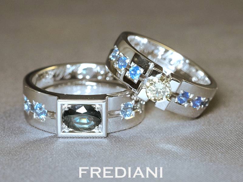 Alliances en or blanc 750/000 serties de saphirs et diamants